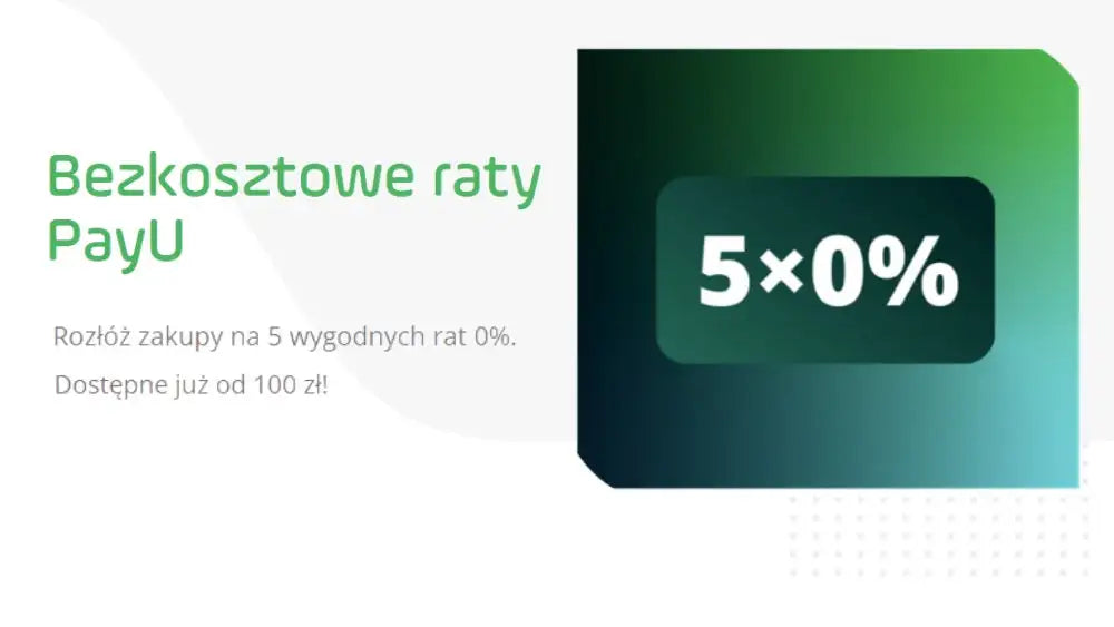 Zielony gradientowy graficzny element z białym tekstem ’5×0%’ na ciemnozielonym prostokątnym tle.